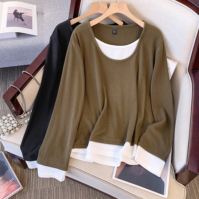 Plus size, base shirt, fashionable and stylish T-shirt, color blocking splicing, fake two-piece shirt 3453