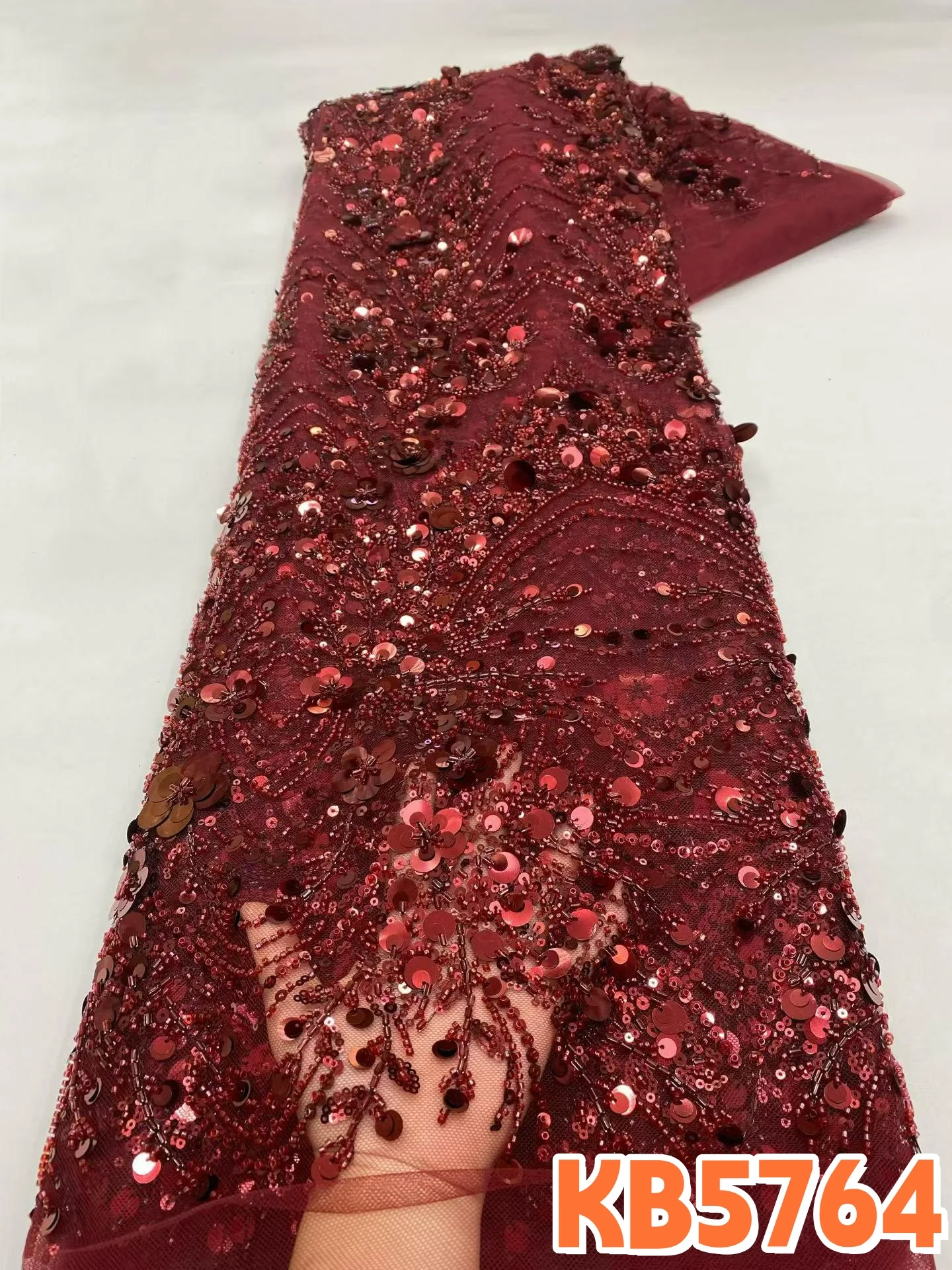 Brown Colour Beaded Lace Fabric Nigerian Lace Fabric 5 Yards High Quality 2026 Pink Sequence French Mesh Lace for Sewing KB5764