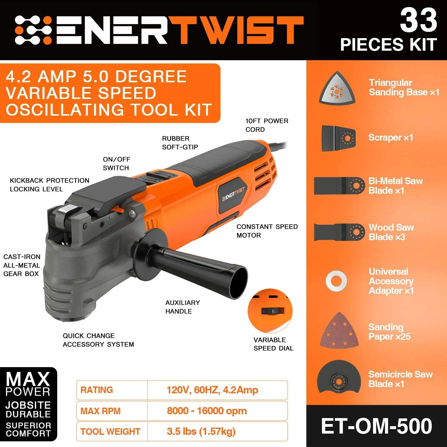 Oscillating Tool, 4.2 Amp Oscillating Multitool Kit W/ 5° Oscillation Angle, 6 Variable Speed, 31pcs Saw Accessories, ET-OM-500