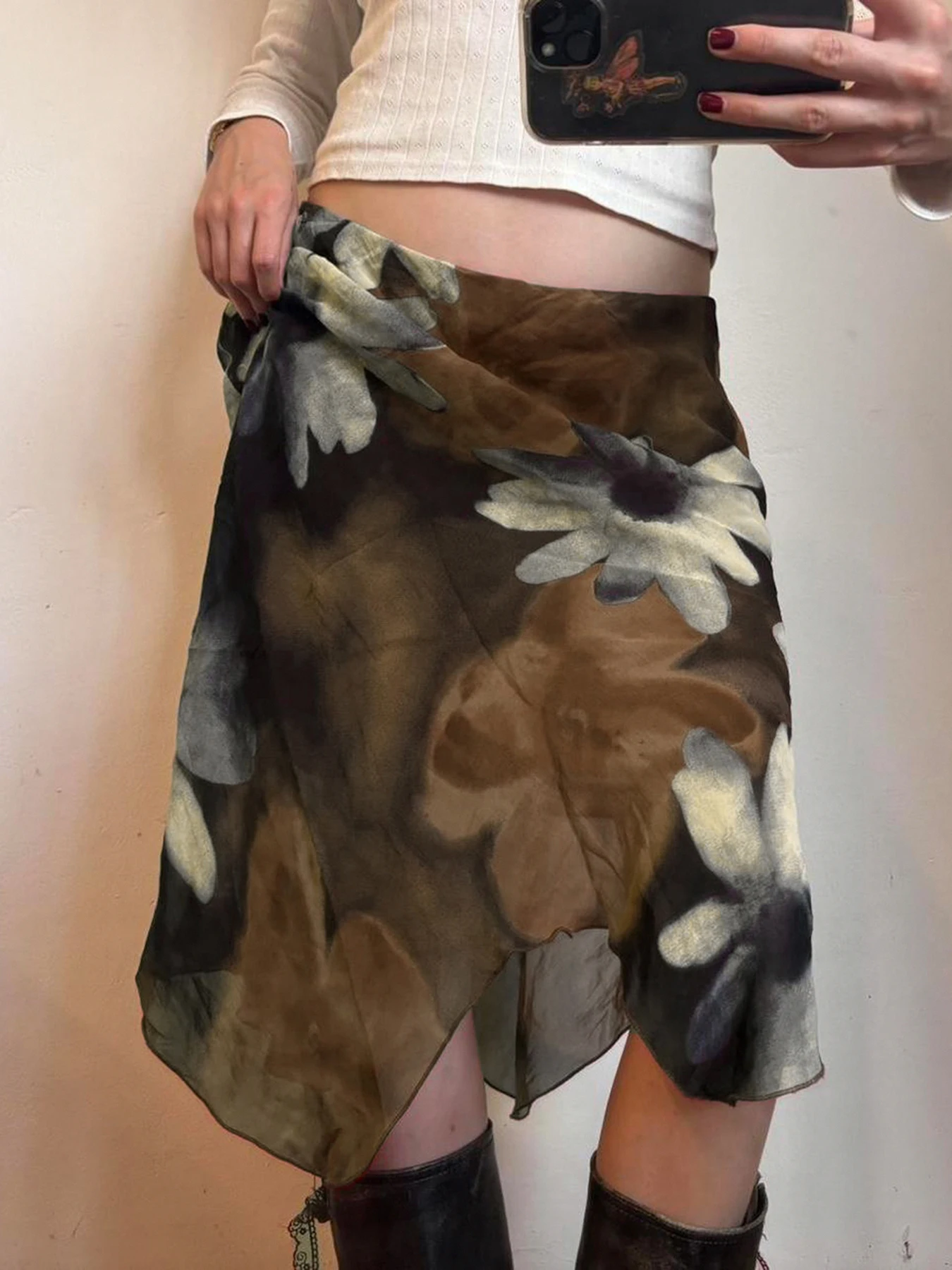 

Rockmore Vintage Mesh Floral Print Skirt Asymmetrical Hem Women's Mid-Length Bodycon Skirts Elegant Fashion for Spring Fall New