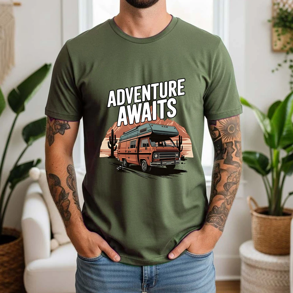 100% Cotton Adventure Awaits T-Shirt Camper Van Desert Outdoor Adventure Style Oversized Breathable Short Sleeve