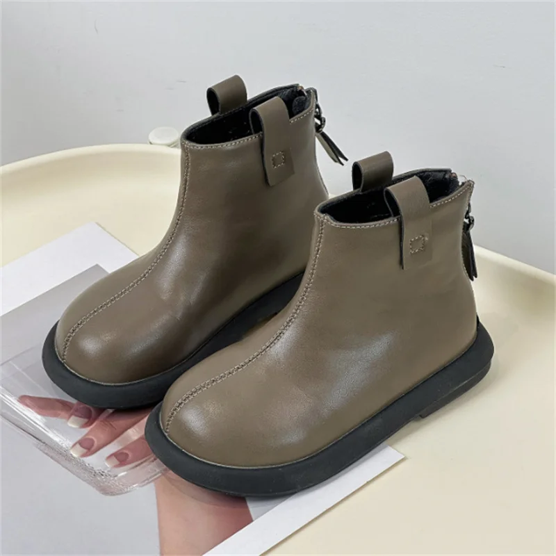 2024 New Autumn Children Boots Leather Girls Ankle Boots Zip Back Rubber Sole Fashion Toddler Kids Boots EU21-30