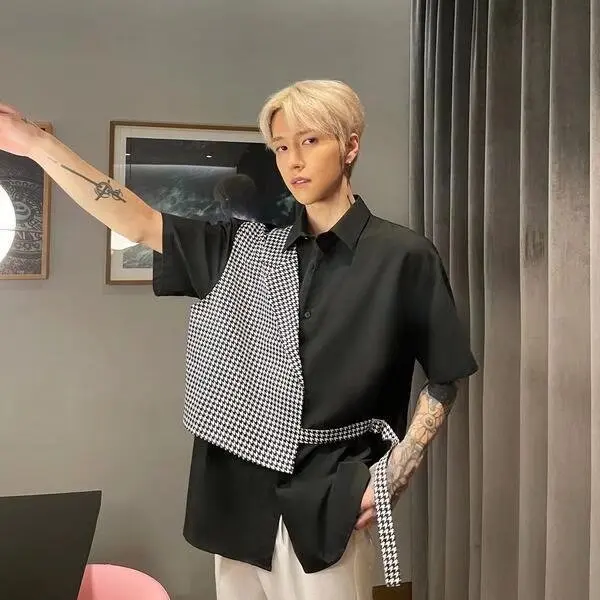 

Летняя рубашка большого размера (до 250 фунтов) в японском стиле с уникальным дизайном, пэчворком и цветовыми блоками, повседневная, трендовая, для работы и отдыха