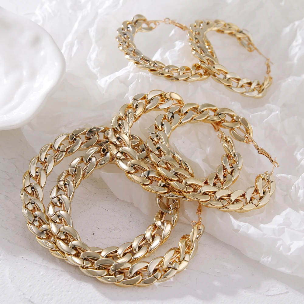 VKME Vintage TRENDY Gold Color Large Chain Hoop Earrings For Women Oversize Exaggerated Big Round Earring Statement Jewelry