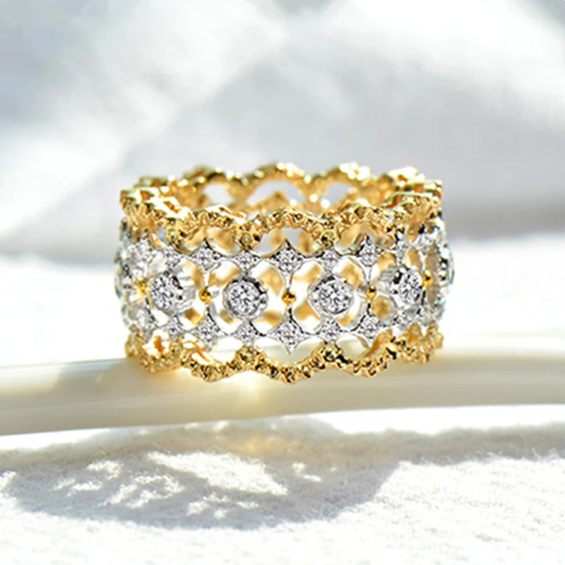 Huitan wunderschöne ausgehöhlte Design Ring Dame Luxus Ehering Mode zweifarbigen Stil Fingers chmuck glänzenden Zirkonia Accessoires