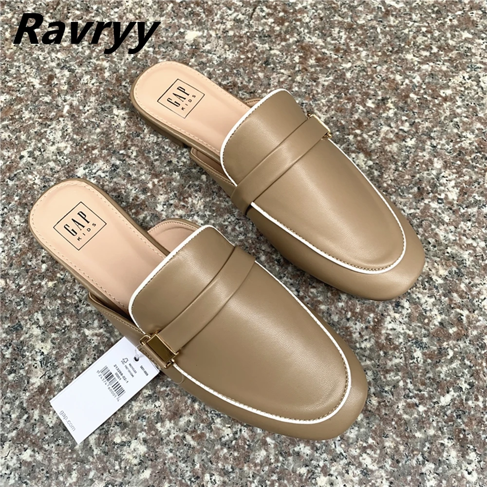 

Round Toe Metal Buckle Strap Slip On Flat Mules Fshion Low Heel Sexy Women Shoes Microfiber Leather Shallow Outdoor Slippers