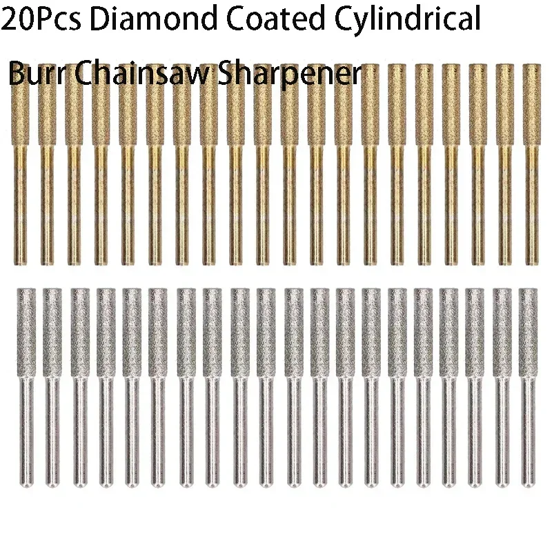 Diamante Revestido Rebarba Motosserra Apontador Rebarba Escultura Cabeça de Moagem Arquivo Rotativo 4.0 4.8 5.5 mm Conjunto de Ferramentas de Afiação Abrasiva 20 Peças