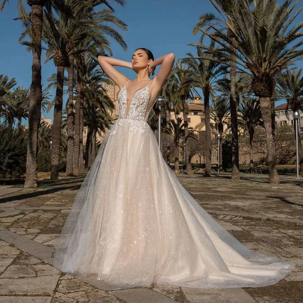 

Sparkly Wedding Party Dresses Organza A-line Wedding Dresses Women Champagne Sweetheart Lace Beads Pearls Hall Wedding Dresses