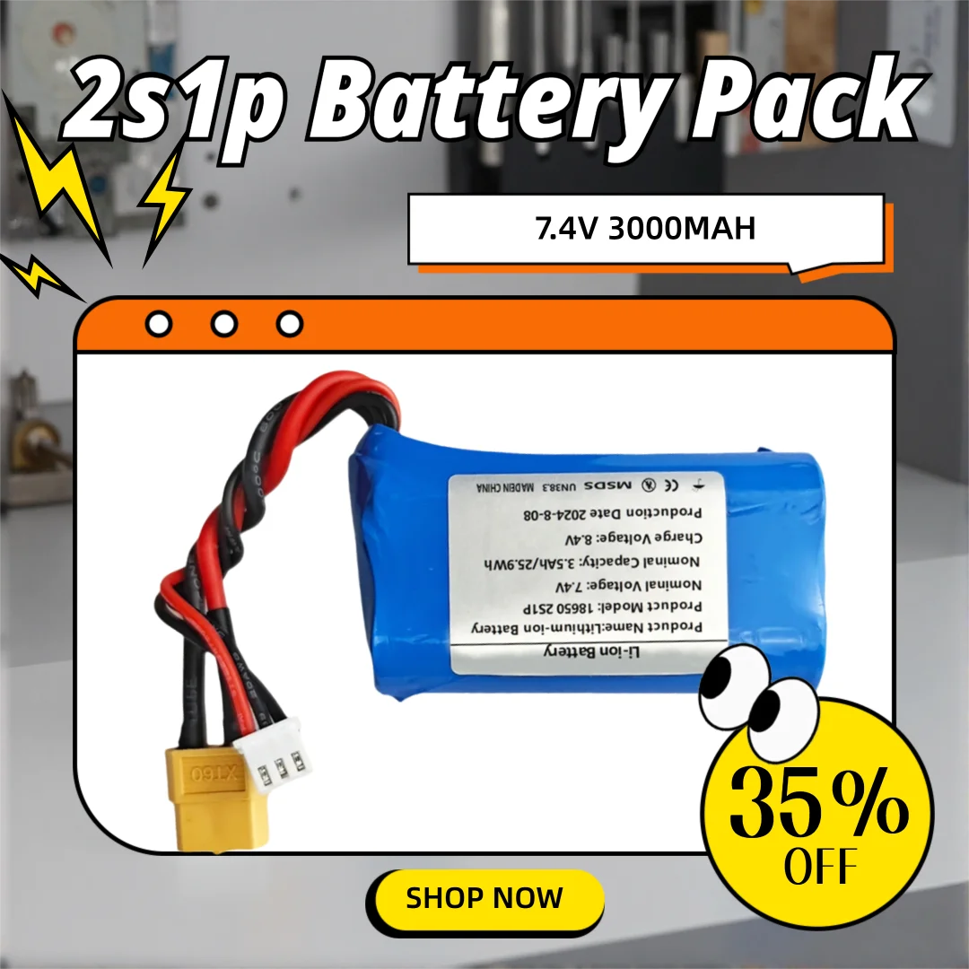7.4V battery 18650 2S1P Battery Pack 3000mah Rechargeable Li-ion ，Suitable for Model Airplane，drone battery