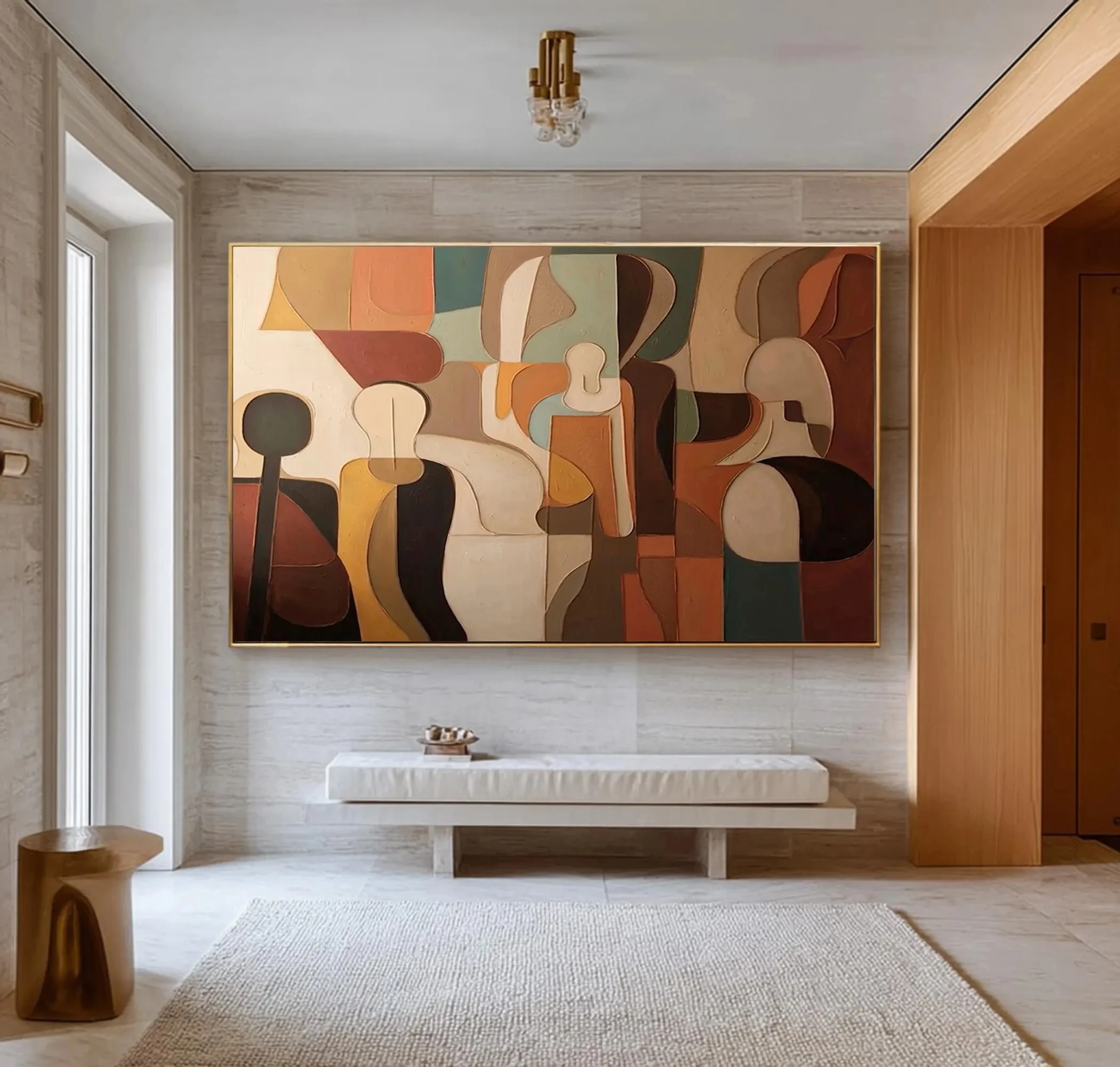 Mid Century Modern Abstract Geometric Canvas Painting Earth Tones Textured Wall Art Layered Poster for Living Room Home Decor