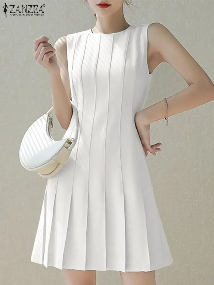 ZANZEA Elegant Commuting OL Short Robes Casual Round Neck Tank Dress Women Summer Solid Pleated Fashion Sleeveless  Mini Dresses