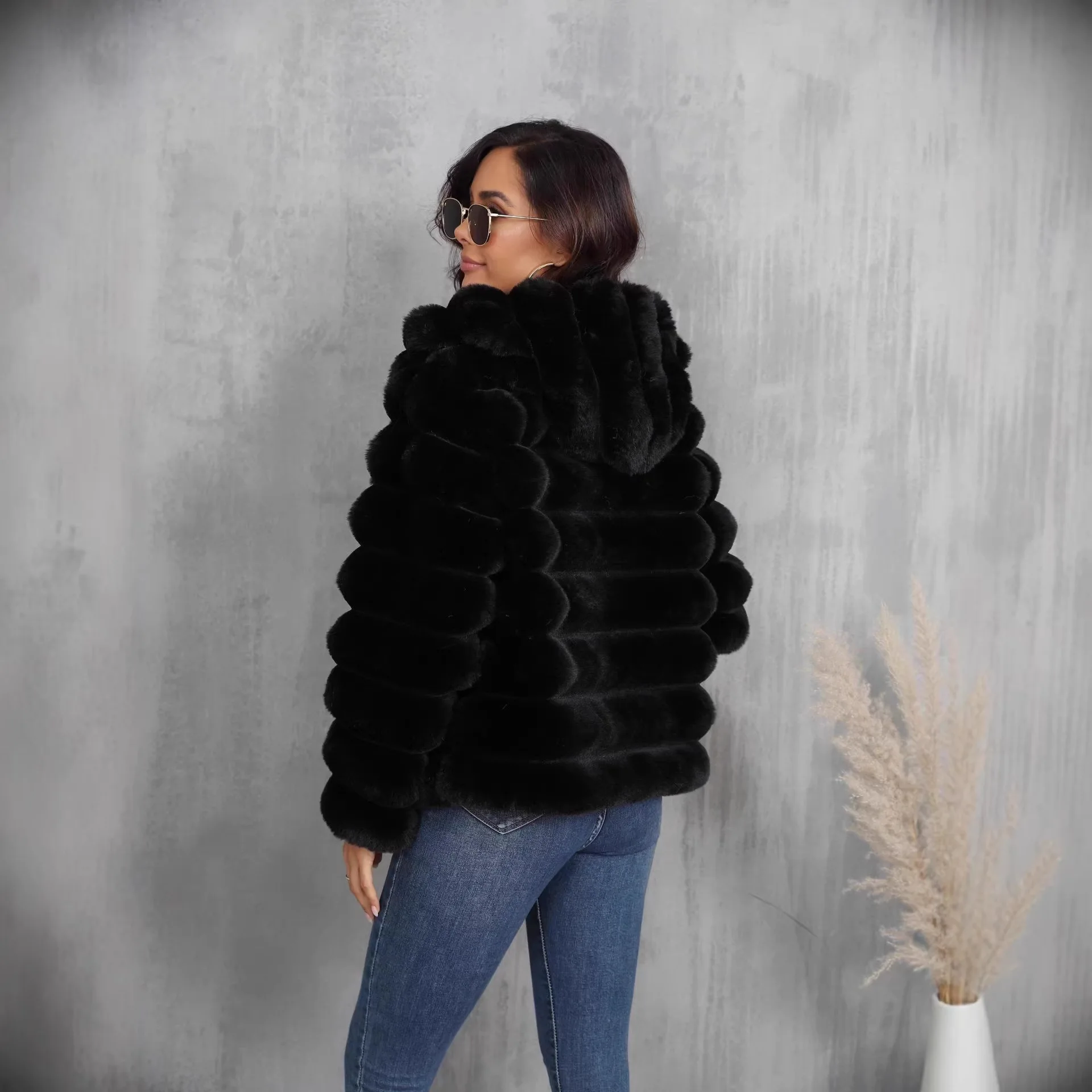 Crossbody Faux Fur Hooded Coat Women Winter Thick Warm Overcoat with Quilted Stripes Pom Pom Decor