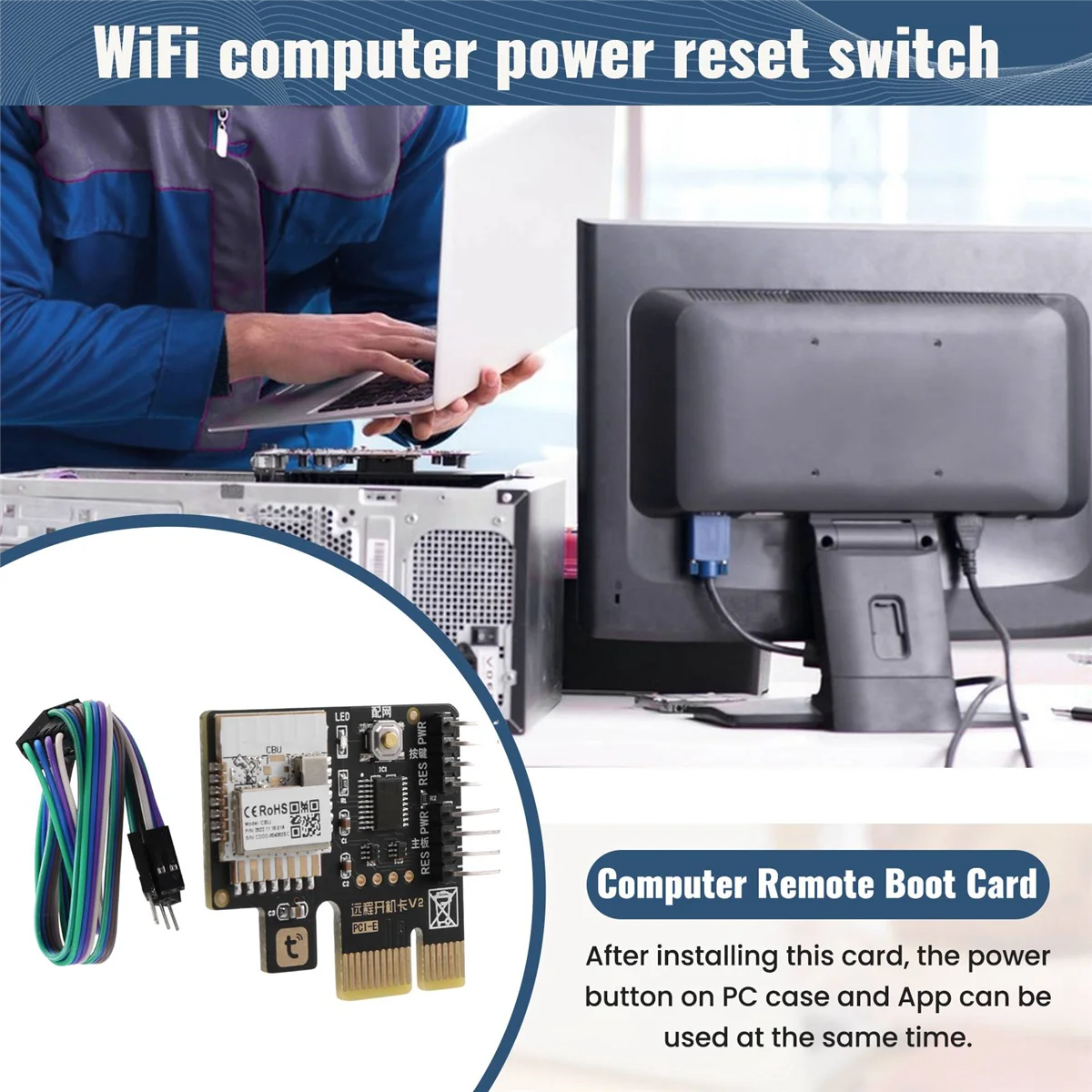 AT41Tuya Wifi Computer Power Reset Switch PCIe Card for PC Destop Computer,APP Remote Control,Support Google Home,MINI Card