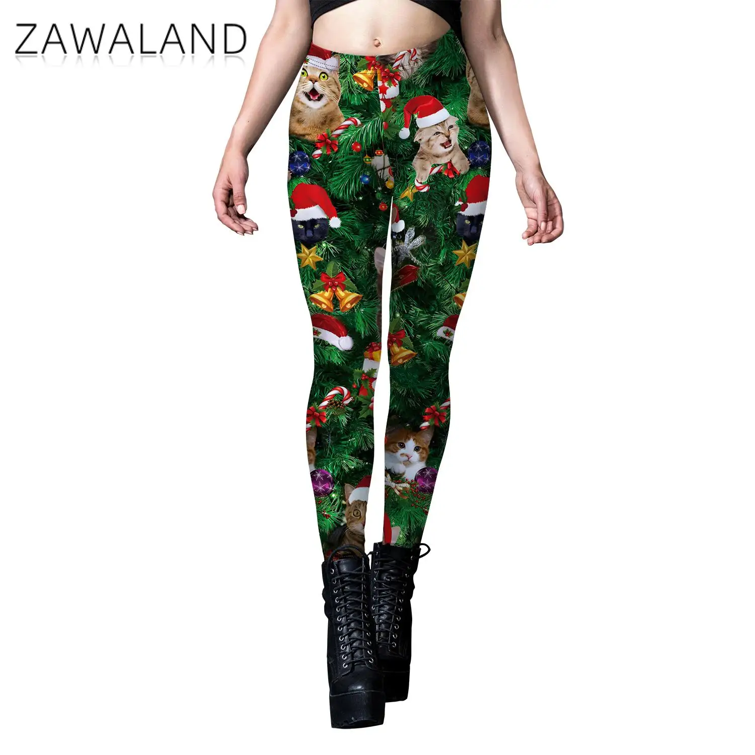 Zawaland Fashion Cute Holiday Party Leggings Women's Workout Christmas Tree Printing Seamless Leggins Printed Fitness Leggings