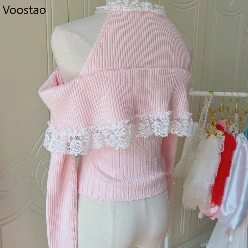 일본 카와이 로리타 스타일 니트 풀오버 여성 가을 ​​달콤한 레이스 프릴 붕대 오프 숄더 스웨터 여성 귀여운 슬림 탑