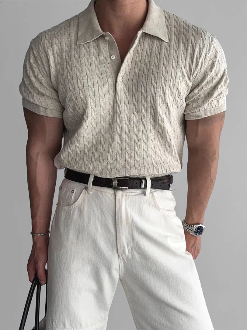 Cseta de Punto Estilo Americano para Hombre, Corte Ajustado, Elástica, Manga Corta, Cuello Csero, Suda Ajustad...