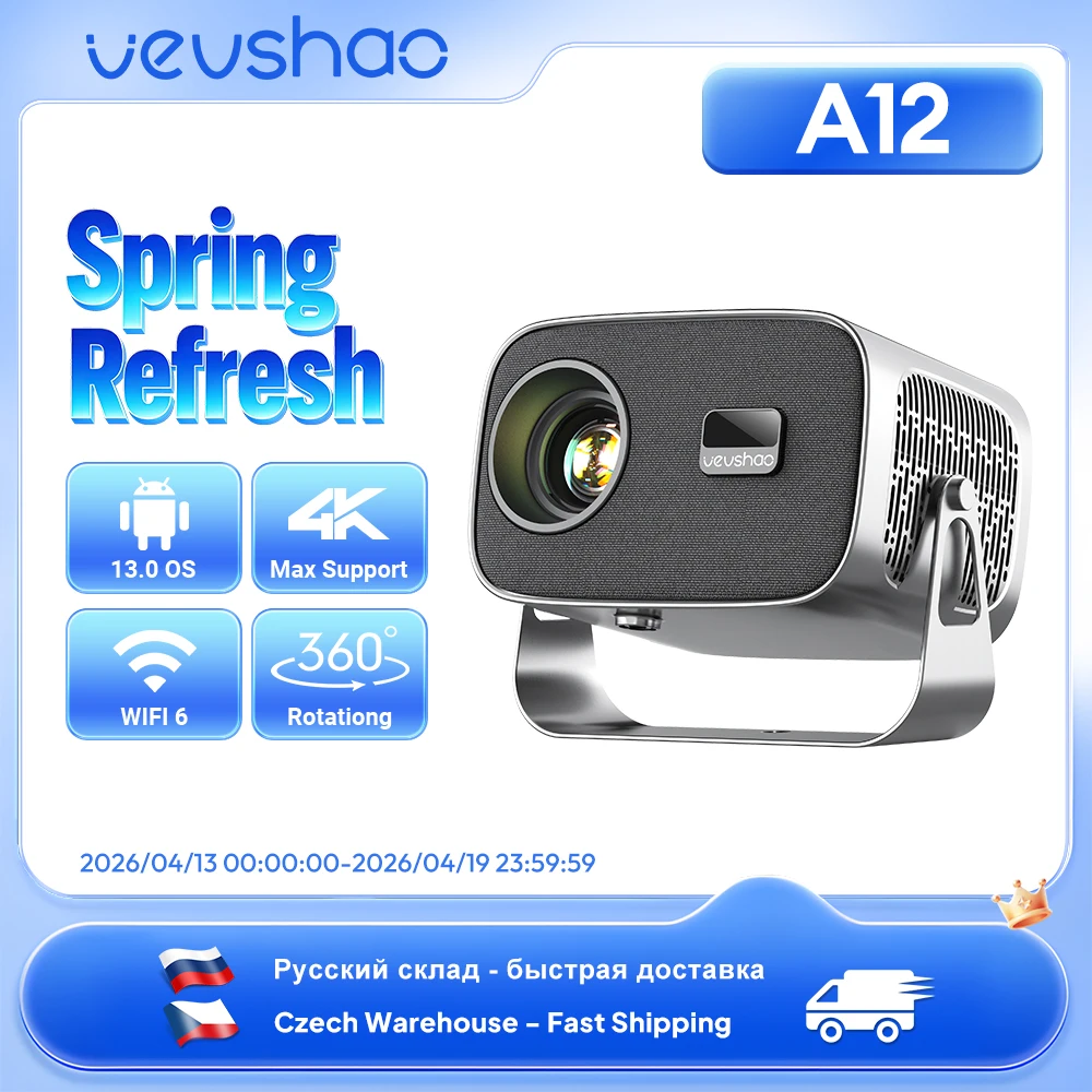 

VEVSHAO A12 Projector Mini Portable LED Video Android 13.0 WIFI 6 Mirror SmartPhone for 1080P 4K Video Home Cinema Projector