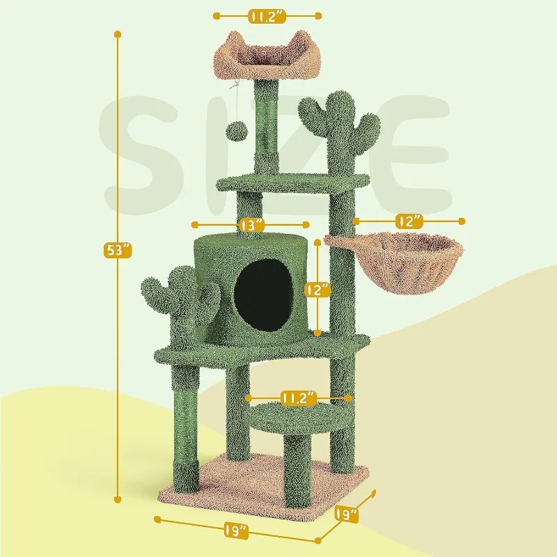 Torre de gato de 53,5 pol. para gatos internos com poste de arranhões coberto de sisal, condomínios, poleiros de pelúcia e bolas fofas