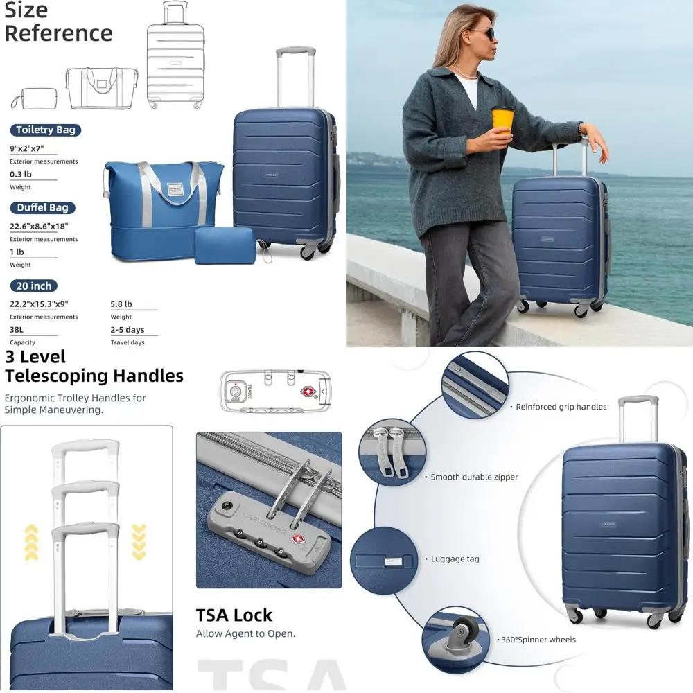 

Женский темно-синий набор чемоданов с твердым корпусом из 3 предметов, 20 чемоданов-спиннеров, одобренных авиакомпанией и замком TSA