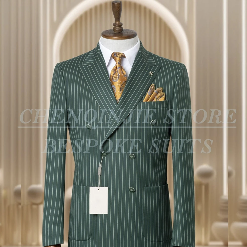 

Luxury Wedding Men's Suits 2 Piece Jacket Pants Fashion Green Stripe Slim Fit Flat Front Male Clothing Full Sets 2025