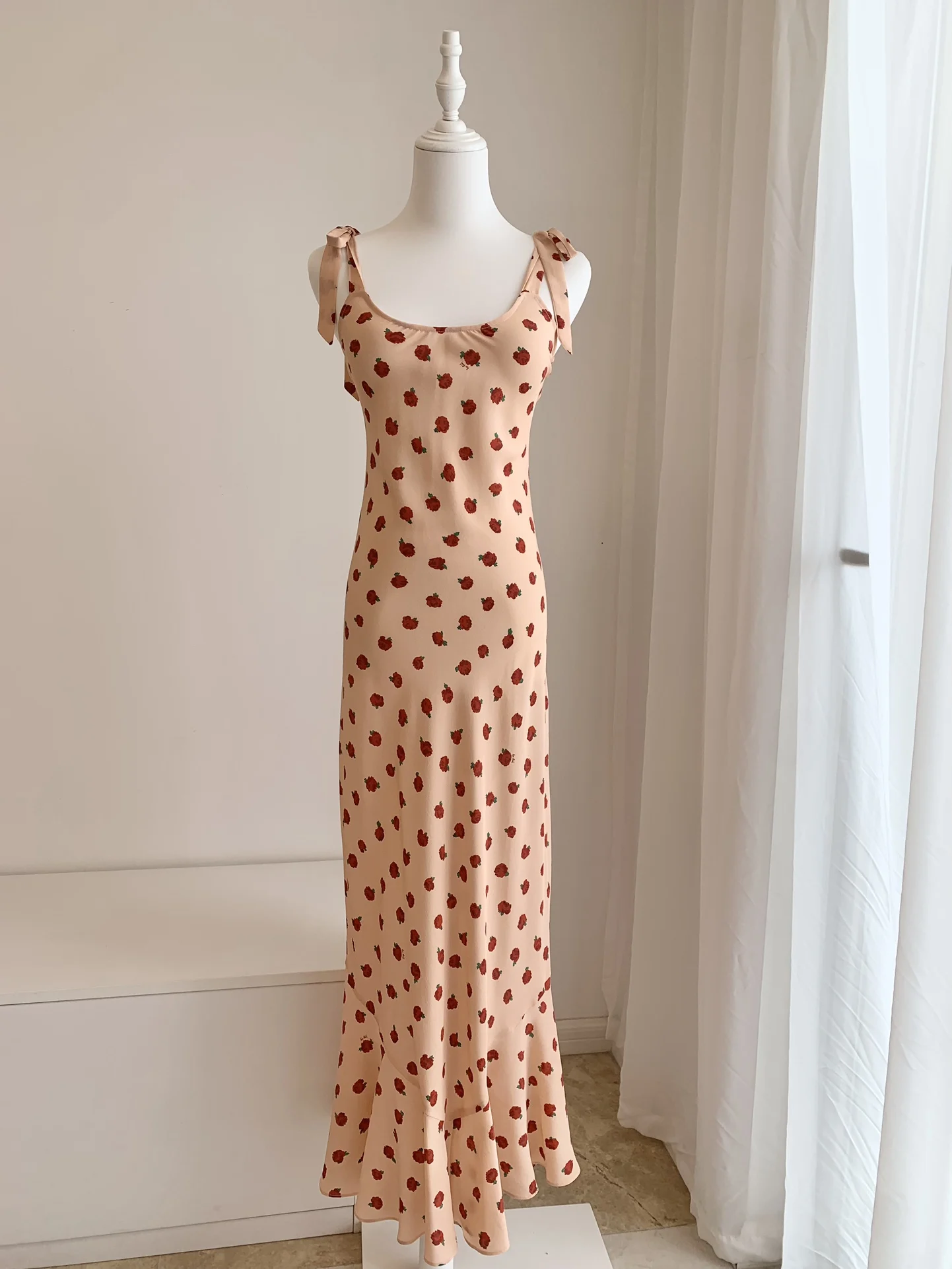 Women silk Pink Rose Strap Dress sexy slim long dress