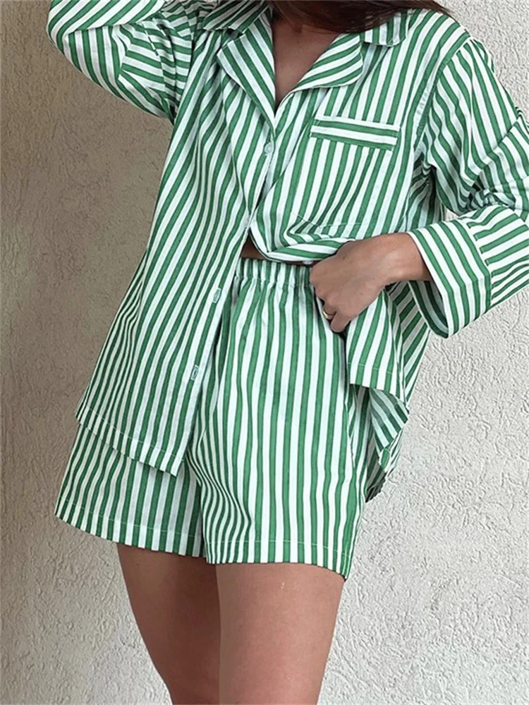 CHRONSTYLE Women Striped 2 Pieces Lounge Pajama Sets Short Sleeve Lapel Button Ups Shirts Tops Loose Casual Shorts Sleepwear Set