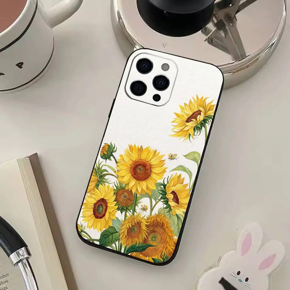 حافظة هاتف مطبوعة على شكل عباد الشمس لهاتف آيفون 17,16,15,14,13,12,11,Plus,Pro,Max,Plus,XS, حافظة ناعمة من السيليكون الأسود