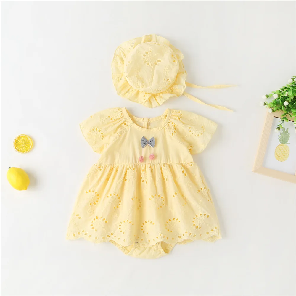 

Newborn Infant Baby Girl Summer Cotton Romper Set Eyelet Embroidery Short Sleeve Onesie With Hat Cute Bowknot Jumpsuit Outfit