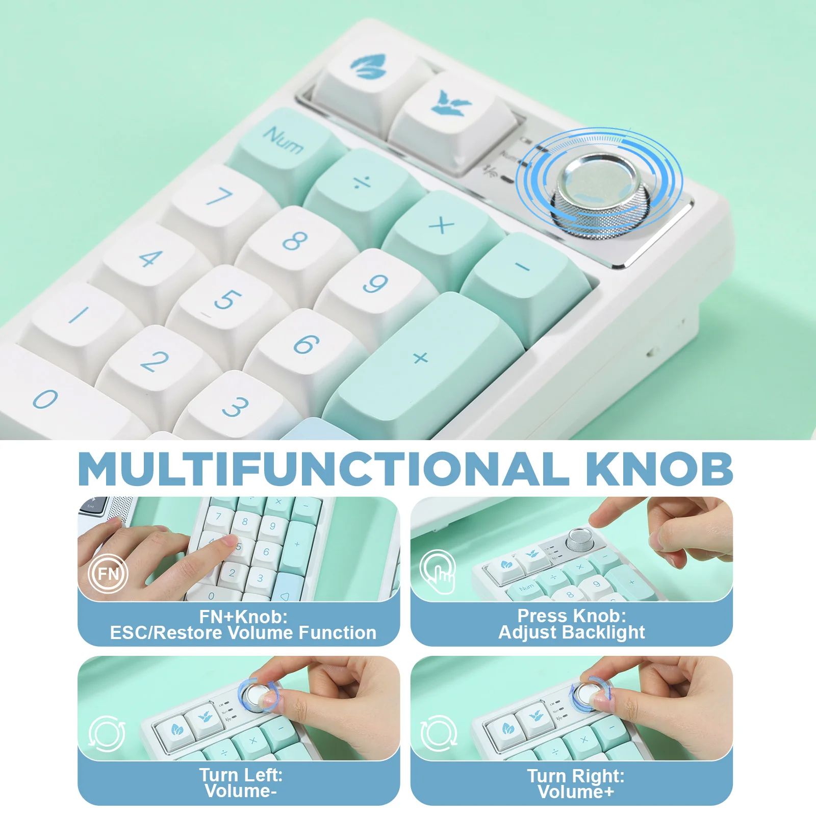 YUNZII YZ19 Mint 19 Keys Wireless Custom Knob Mechanical Number Pad, Hot Swappable Gasket RGB Numeric Keypad with PBT Keycaps