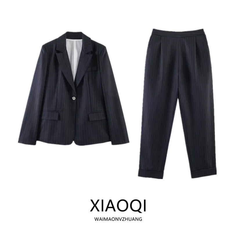 

Spring 2026 High Waist Commute Coat Fine Stripe Long Pants Women's New Arrival Outerwear Stylish Business Casual Suit
