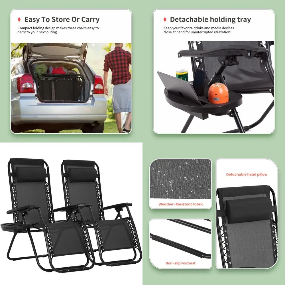 

Комплект из 2-х шезлонгов с функцией нулевой гравитации, регулируемым наклоном, съемными подушками и подстаканниками для использования на открытом воздухе, пляже или в саду.