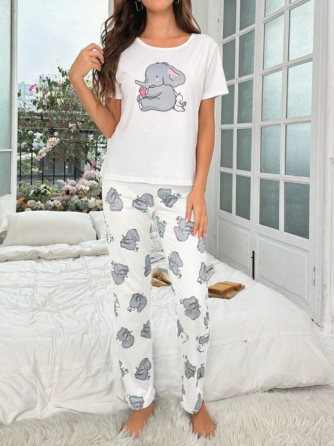 Women\'s new style small elephant rabbit pattern short sleeve cartoon trousers casual pajamas set