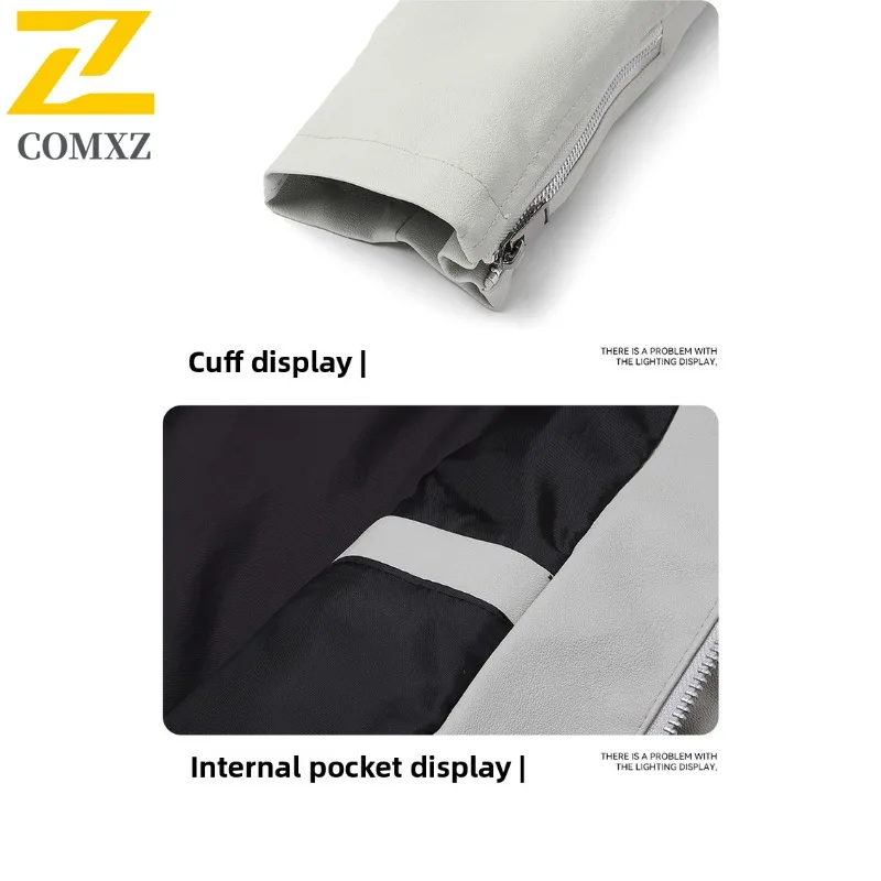 COMXZ 2025 Men Stand Collar PU Leather Jacket Korean Style outdoor sports Biker solid color tactics Coat Long sleeve windbreaker