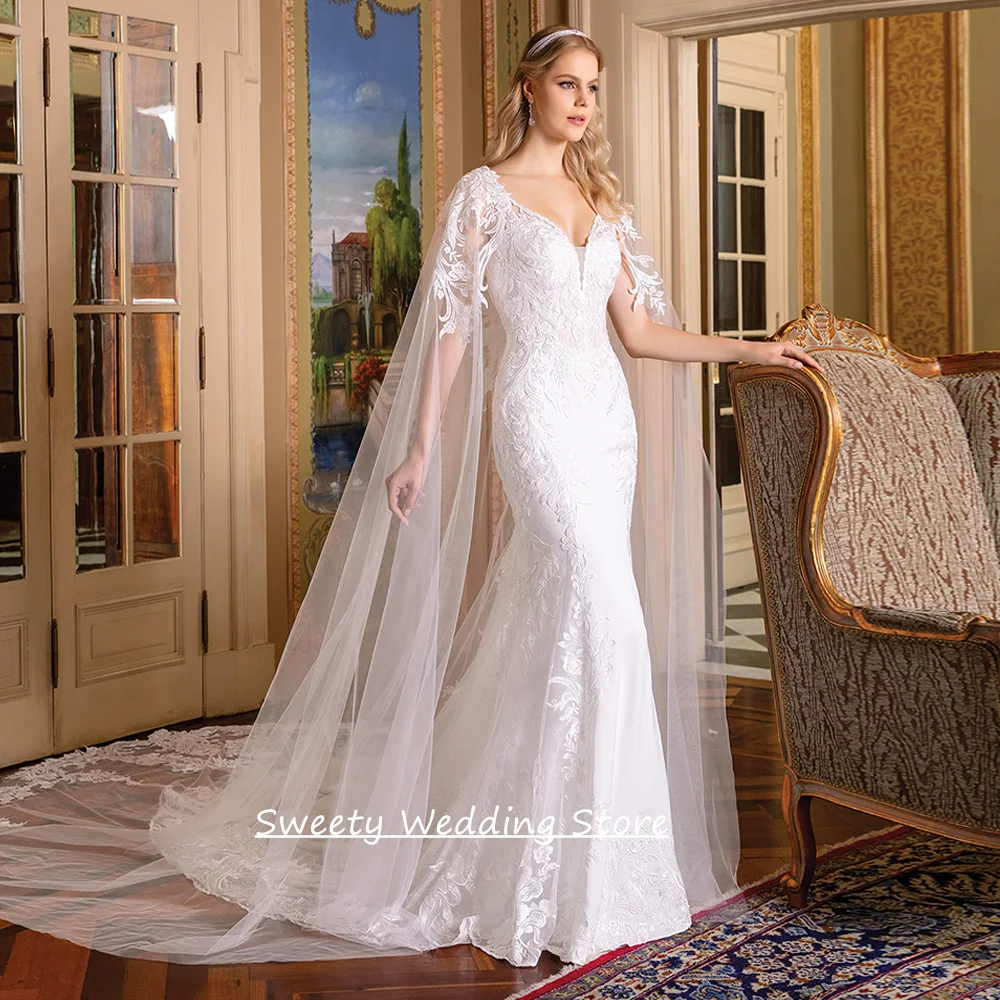 

Gorgeous Mermaid Wedding Dress with Tulle Cape Customized V Neck Sleeveless Lace Applique Bridal Gown Vestido Noiva