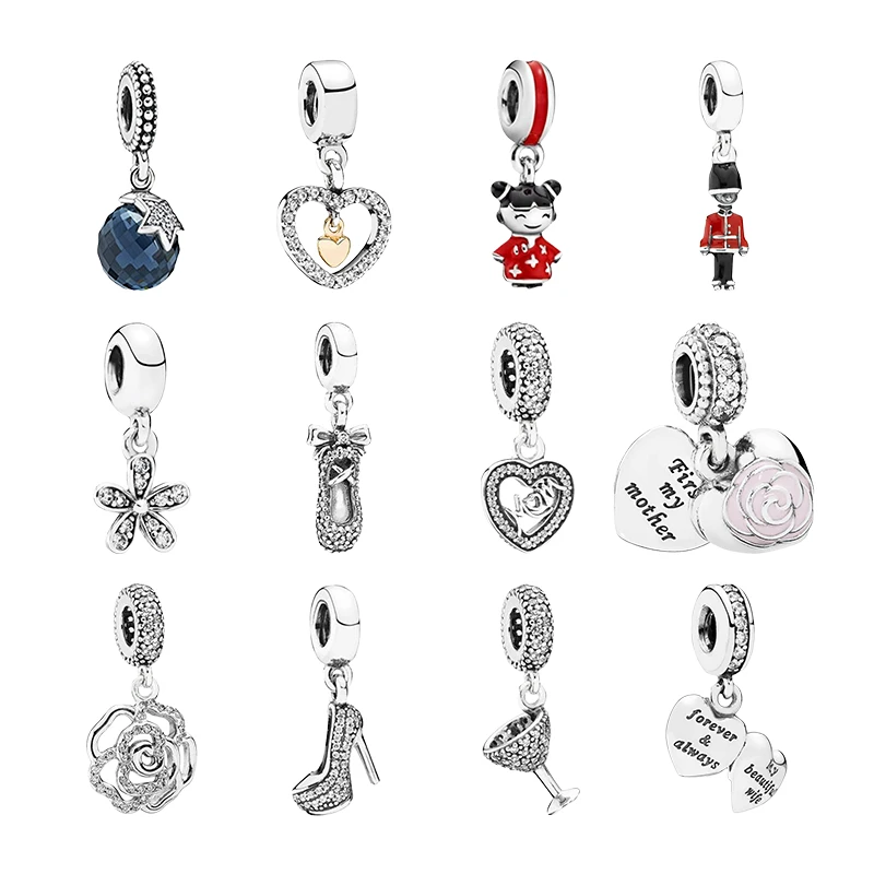 Silver 925 Pendants Charms For Women Bracelets DIY Moon Star Hearts Chinese Doll Soldier Daisy Ballet Slipper Stiletto Cocktail