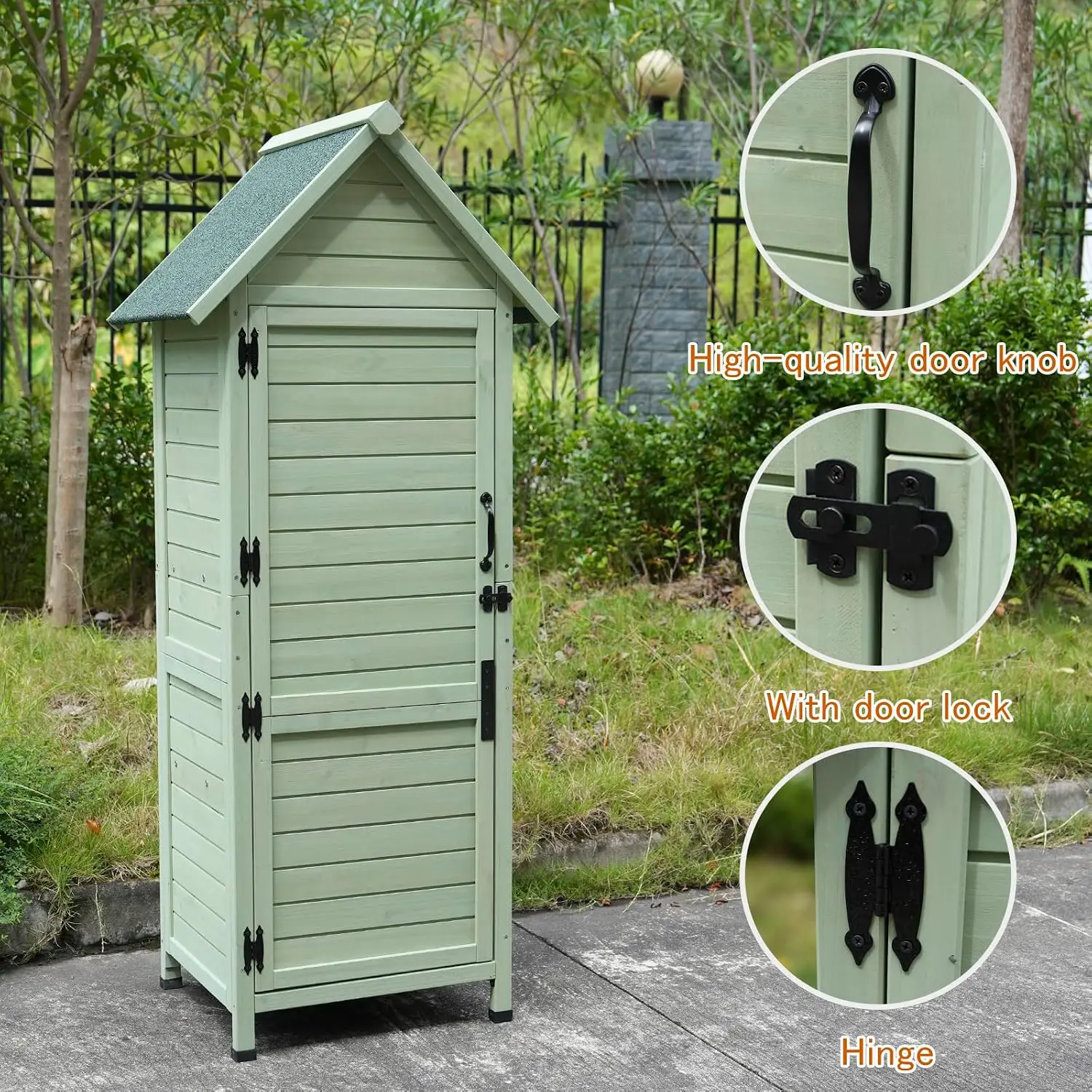 Wooden Storage Shed with Safety Latch & Adjustable Shelves, Weather-Resistant Garden Tool Cabinet, Patio Organizer, Customized