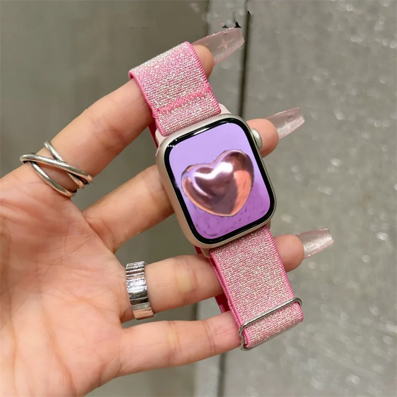 Korea Cute Glitter Elasticity Strap For Apple Watch Band Ultra2 49mm 45mm 44 41 42 38 Correa Band For Iwatch Series 9 8 SE 7 6