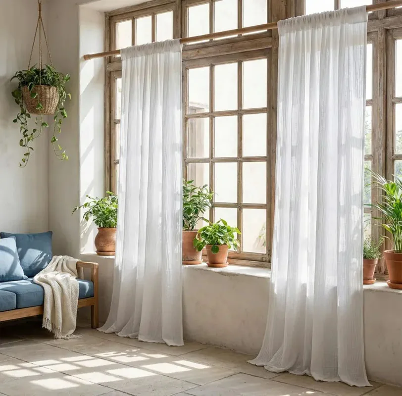 Double Layer Muslin Curtain,Crinkled Cotton Gauze Window Drape,Light Filtering Boho Muslin Panels for Bedroom Kitchen Living Roo