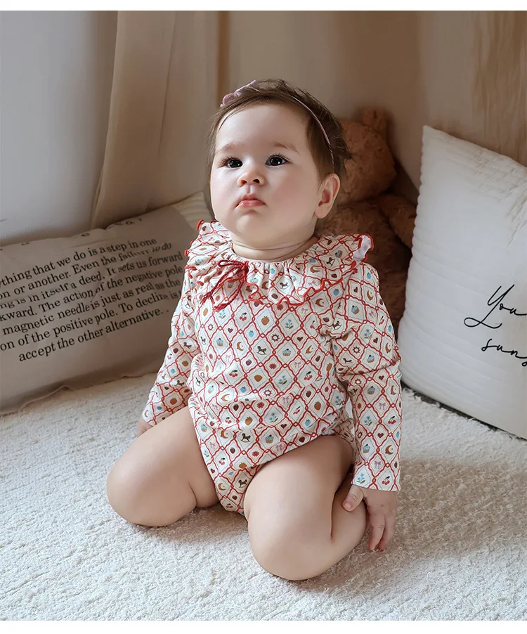 Baby Girls Pure Cotton Bodysuit Newborn Cute Print Long Sleeve Bow Ruffle Neck Onesie Infant One-piece Rompers Toddler Clothing 6