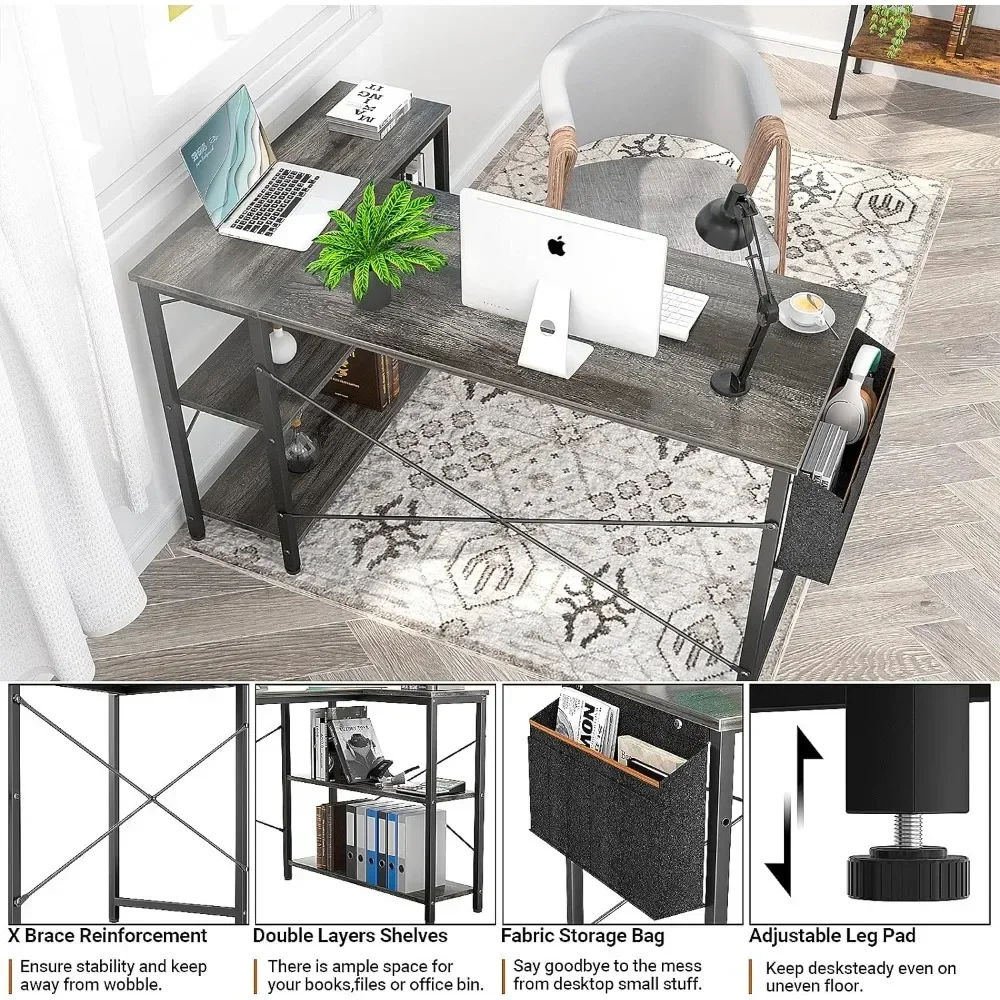 47 Inch L-Shaped Corner Desk With Reversible Storage Shelves for Home Office Workstation Gaming Computer Table Furniture