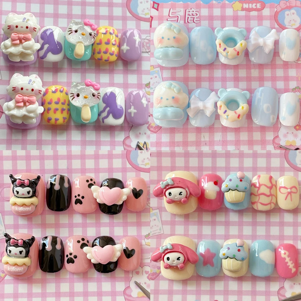 

10Pcs Cute Hello Kitty My Melody Kuromi Short Fake Nail 3D Cartoon Rabbit Bear Lollipop Detachable Full Cover Nails Girs Gift