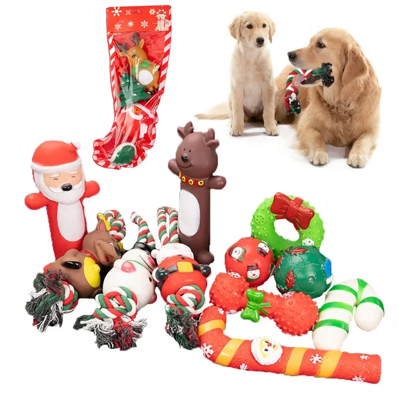 Dog Chew Toys Kit Doggy Chew Toys with Stocking for Teething Cleaning Squeaky Plush Puppy Toy Interactive Dog Stuffers Gift