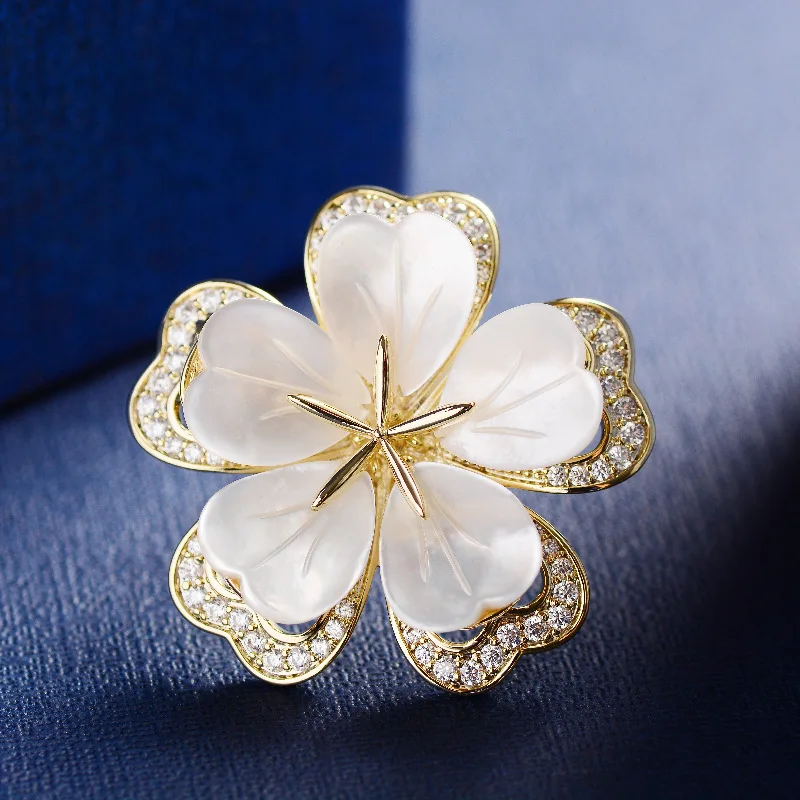 Chinese Style Auspicious Lucky Blossom Brooch Natural Shell Petals Sparkling Zircon Gold Toned Elegant Women Suit Coat Lapel Pin