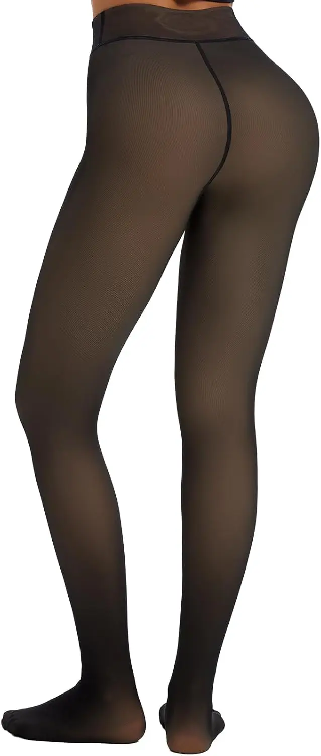 

Fleece Lined Tights Leggings Women Thermal Warm Winter Thick Sheer Black Skin Tone Single-Line Translucent