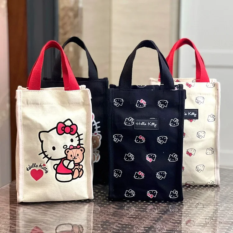 Sanrio Hello Kitty แคนวาส, กระเป๋าผ้าแคนวาสสำหรับใส่ขนมขบเคี้ยวกระเป๋าถือกระเป๋าสะพายไหล่ tas kosmetik เรียบง่ายความจุขนาดใหญ่