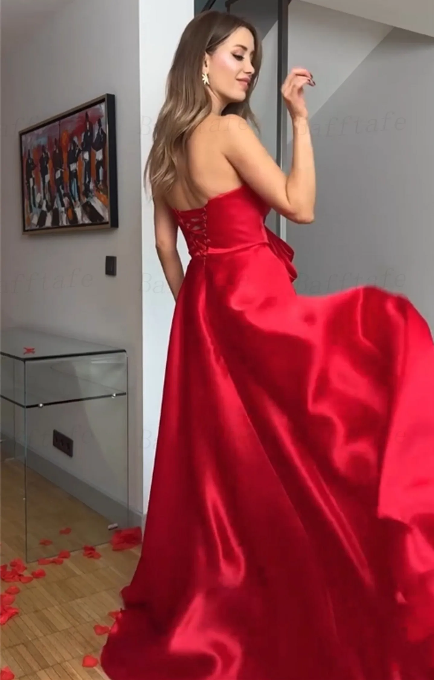 Hot Red Avond Formele Jurk Sweetheart Mouwloze Plooien Boog Satijn A-lijn Prom Pageant Partij Jassen Robe De Soiree