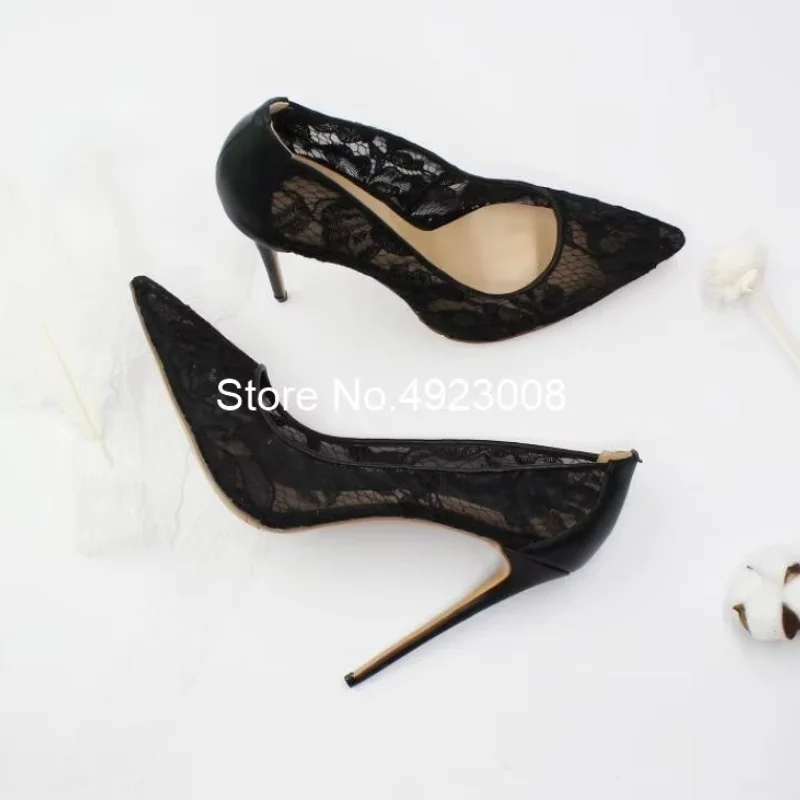 Super High Heel White Pumps Lace Women High Heel Shoes Hollow Pointed Toe Wedding Shoes Big Size 46 Black Sexy Heels Dress Shoes