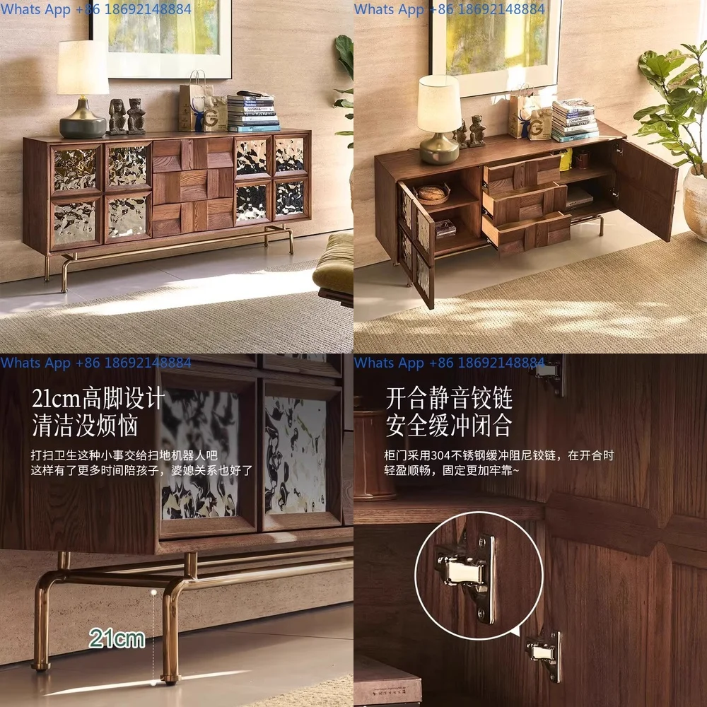 

French Vintage Sideboard Solid Wood Living Room Entry Cabinet Glass Door Beverage Storage Cabinet Ash Wood Home Bar