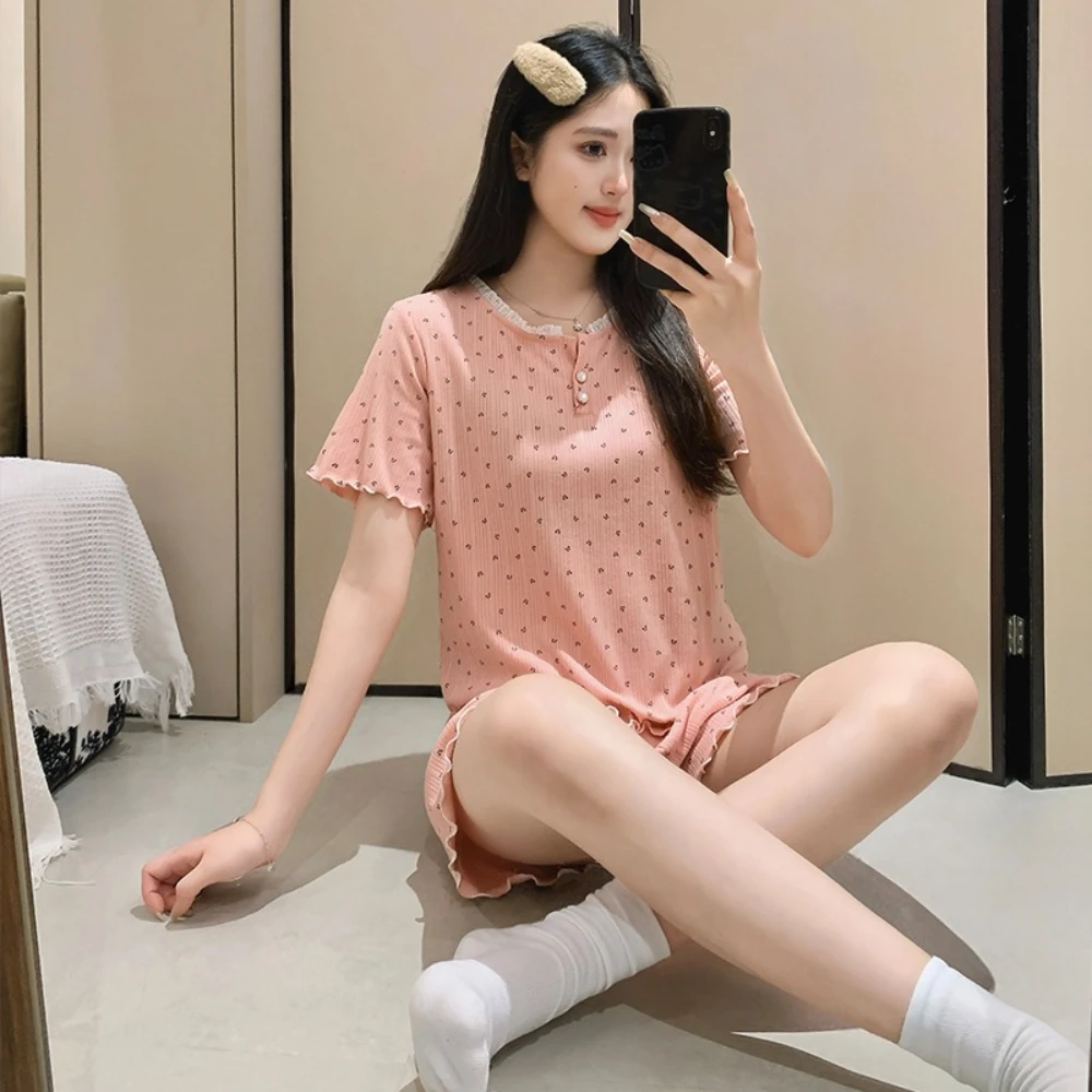 

New summer short-sleeve and shorts pajamas women's Korean style cute girls' cardigan set women's sleepwear breathable loungewear