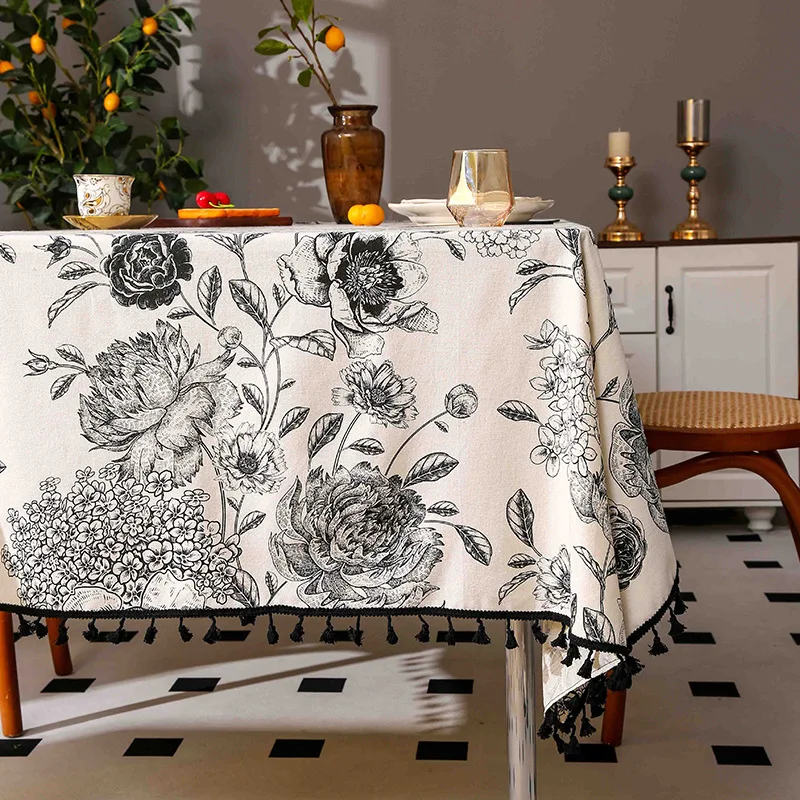 Cotton linen tablecloth with peony tassel print, INS style home dining table cover, Amazon wholesale